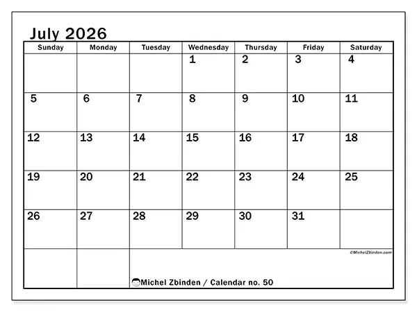 Printable July 2026 calendar - Optimal planning - Week from Sunday to Saturday