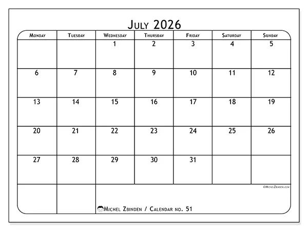 Printable July 2026 calendar - Meal planner
