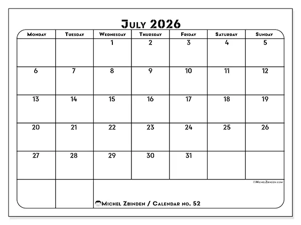 Printable July 2026 calendar - Professional organization