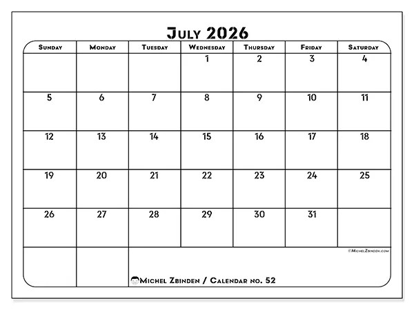 Printable July 2026 calendar - Professional organization - Week from Sunday to Saturday