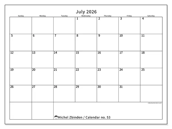 Printable July 2026 calendar - Efficient schedule - Week from Sunday to Saturday