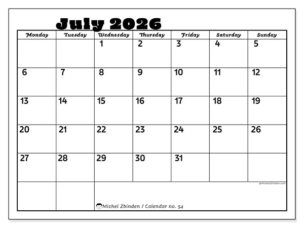 Printable July 2026 calendar - Family activities