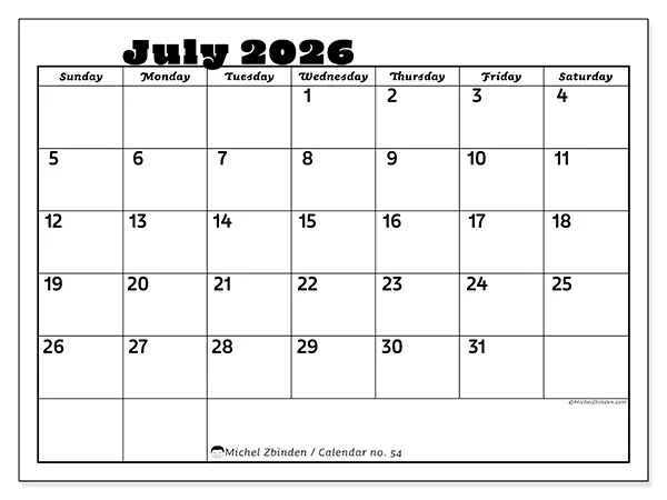Printable July 2026 calendar - Family activities - Week from Sunday to Saturday