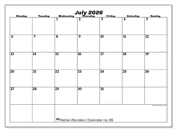 Printable July 2026 calendar - Leisure organization