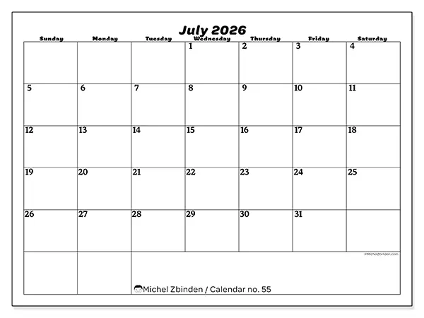 Printable July 2026 calendar - Leisure organization - Week from Sunday to Saturday