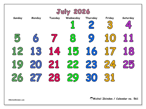 Printable July 2026 calendar - Creative moments - Week from Sunday to Saturday