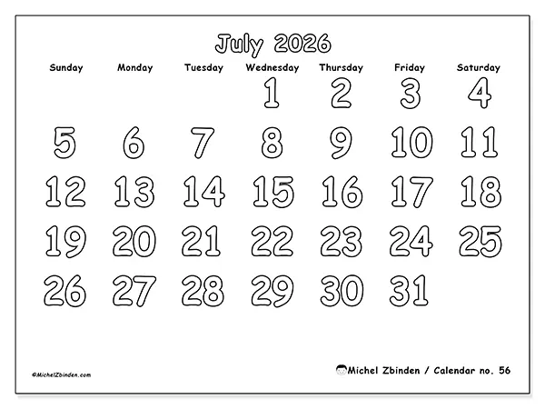 Printable July 2026 calendar - Useful coloring - Week from Sunday to Saturday