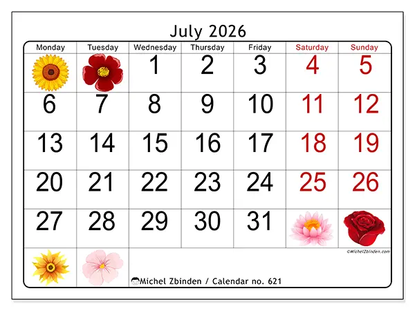 Printable July 2026 calendar - Big flowers