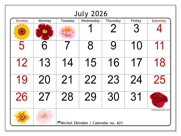 Printable July 2026 calendar - Big flowers - Week from Sunday to Saturday