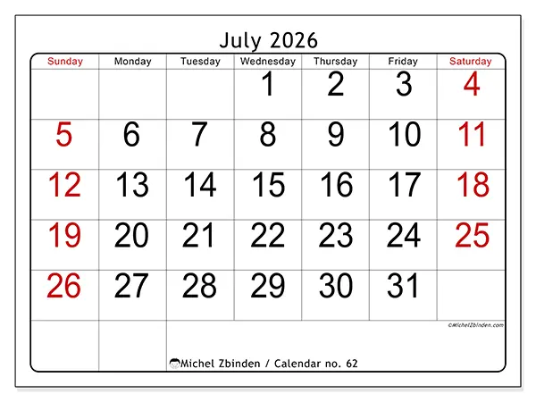 Printable July 2026 calendar - Speed reading - Week from Sunday to Saturday