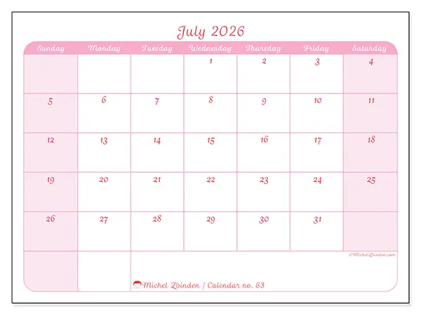 Printable July 2026 calendar - Gentle organization - Week from Sunday to Saturday