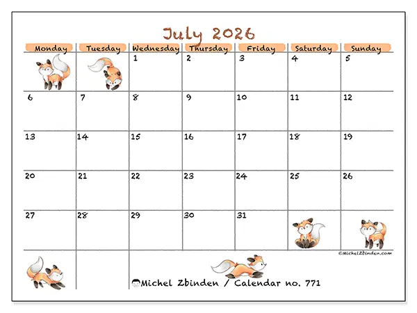 Printable July 2026 calendar - Fox drawings