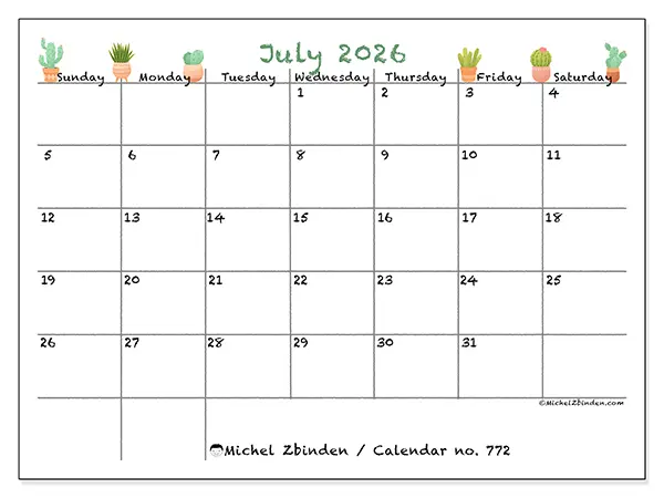 Printable July 2026 calendar - Decorative cactus - Week from Sunday to Saturday