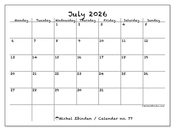 Printable July 2026 calendar - School and family