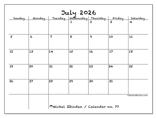 Printable July 2026 calendar - School and family - Week from Sunday to Saturday
