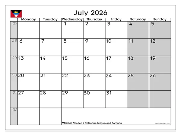 Printable July 2026 calendar - Antigua and Barbuda