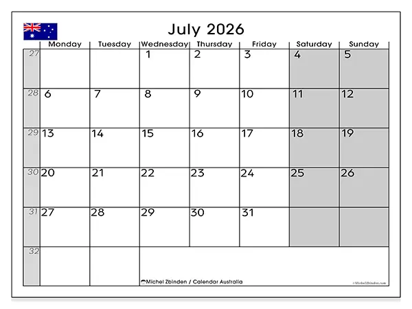 Printable July 2026 calendar - Australia