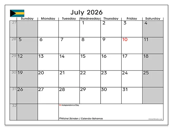 Printable July 2026 calendar - Bahamas