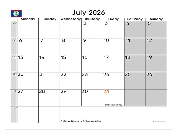 Printable July 2026 calendar - Belize