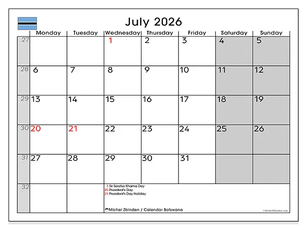 Printable July 2026 calendar - Botswana