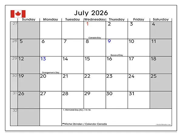 Printable July 2026 calendar - Canada