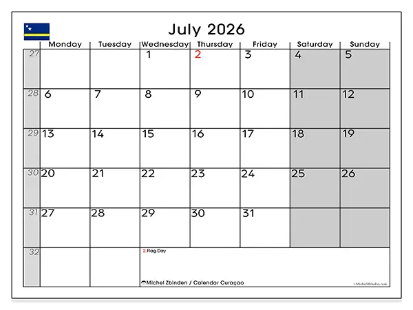 Printable July 2026 calendar - Curaçao
