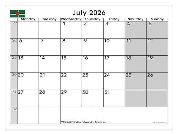 Printable July 2026 calendar - Dominica