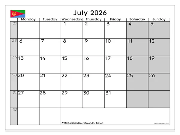 Printable July 2026 calendar - Eritrea