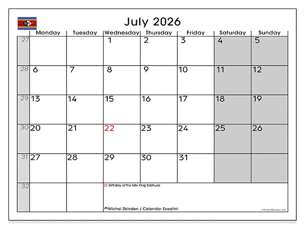 Printable July 2026 calendar - Eswatini