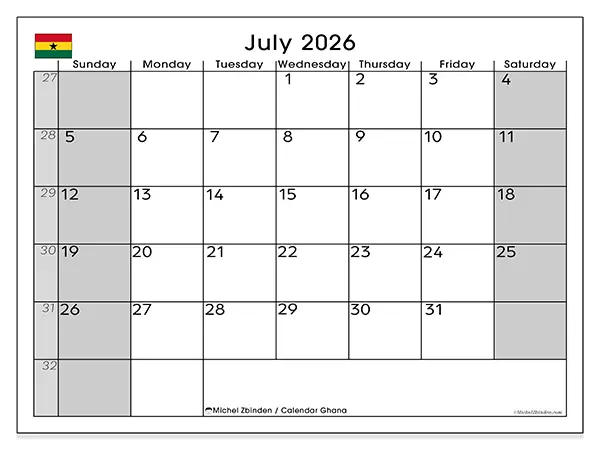 Printable July 2026 calendar - Ghana