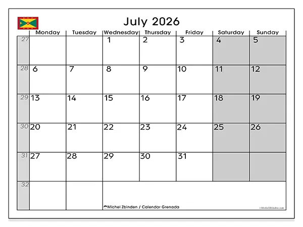 Printable July 2026 calendar - Grenada
