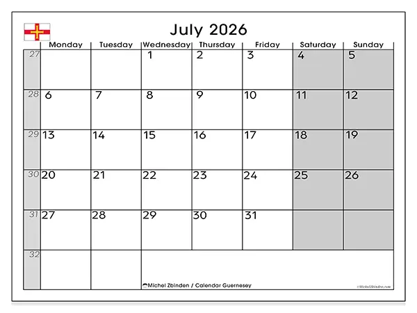 Printable July 2026 calendar - Guernsey