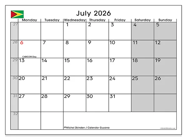 Printable July 2026 calendar - Guyana