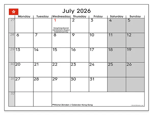 Printable July 2026 calendar - Hong Kong