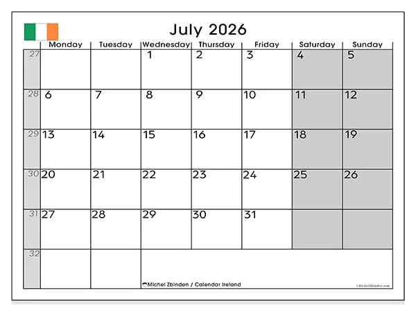 Printable July 2026 calendar - Ireland