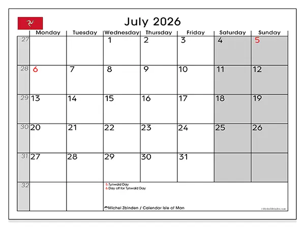 Printable July 2026 calendar - Isle of Man