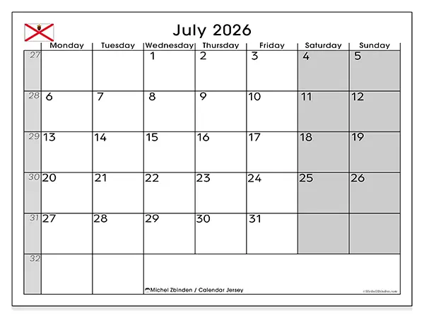 Printable July 2026 calendar - Jersey