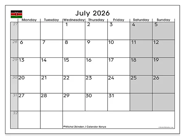Printable July 2026 calendar - Kenya