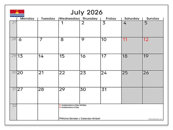 Printable July 2026 calendar - Kiribati
