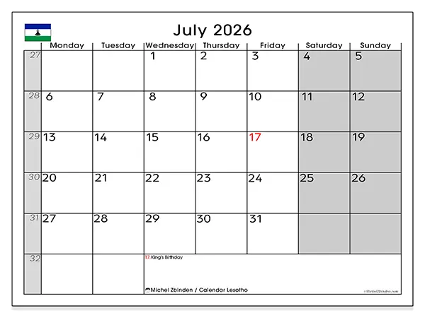 Printable July 2026 calendar - Lesotho