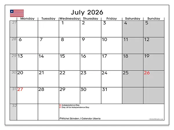 Printable July 2026 calendar - Liberia