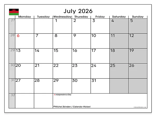 Printable July 2026 calendar - Malawi