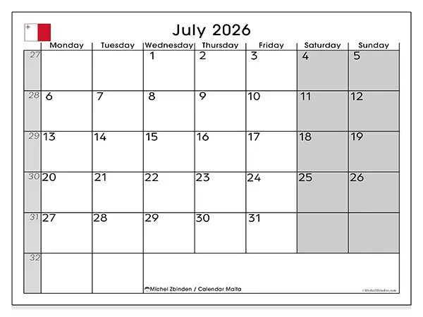 Printable July 2026 calendar - Malta