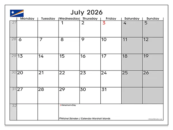 Printable July 2026 calendar - Marshall Islands
