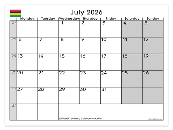 Printable July 2026 calendar - Mauritius