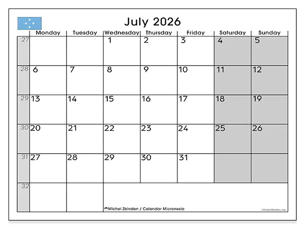 Printable July 2026 calendar - Micronesia