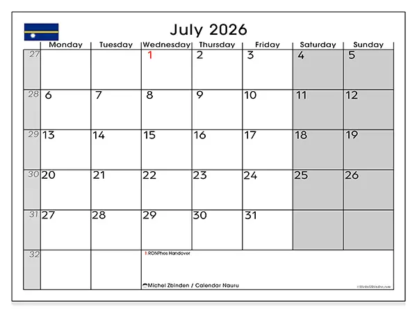 Printable July 2026 calendar - Nauru