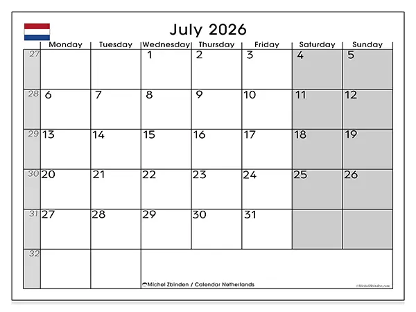 Printable July 2026 calendar - Netherlands