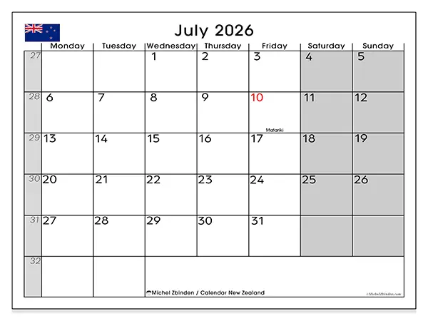 Printable July 2026 calendar - New Zealand