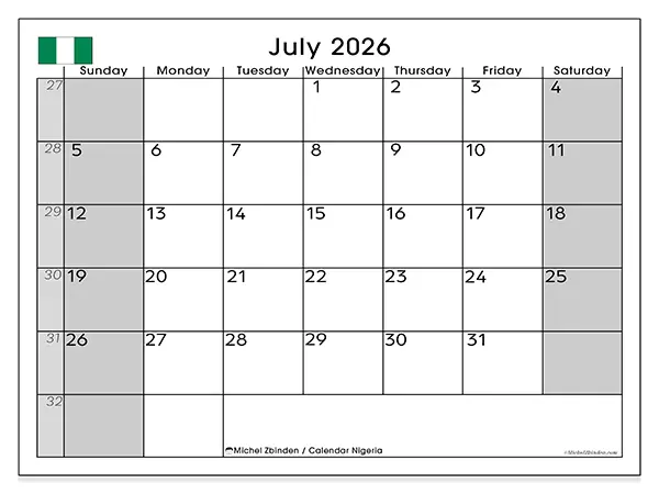 Printable July 2026 calendar - Nigeria